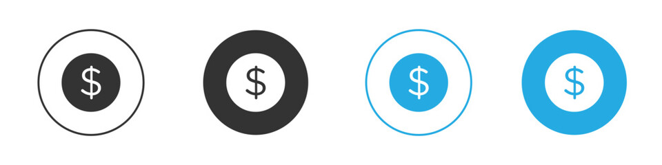Dollar Sign Icons in Circles, Isolated on White Background