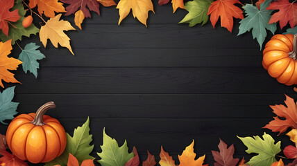 Autumn background with pumpkins and colorful fall leaves on dark wooden board for seasonal thanksgiving and Halloween decoration