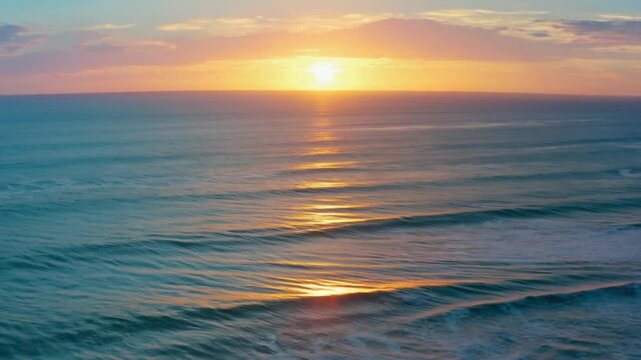 Ocean sunset panorama, , drone view, aerial shoot, cinematic ocean footage, slow movement camera