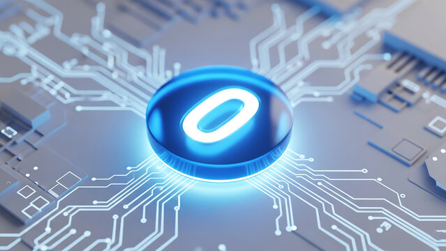 Glowing blue sphere with zero on circuit board