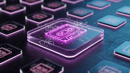 Retro cassette tape glowing on futuristic digital interface