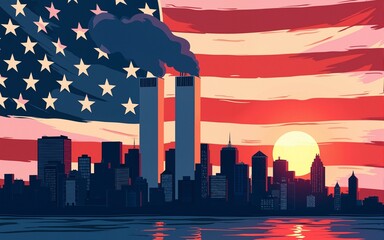 11 September we will never forget | usa flag | twin towers  | manhattan in the background | commemorative illustration. High quality