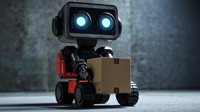 A small, friendly robot with blue eyes holds a cardboard box. The robot has a compact design with wheels, set against a textured gray background.