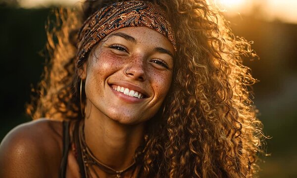 Smiling woman with freckled face and curly hair, a patterned headband, warm sunlight, and a backdrop of blurred nature
