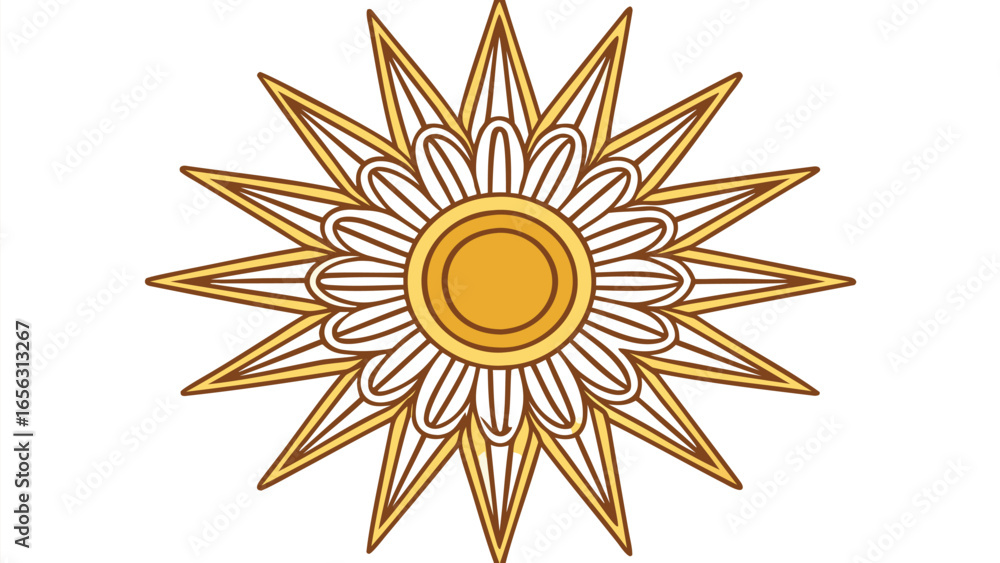 Poster a golden starburst with circular center and petal like design elements around it
