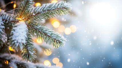 Close up of a snow covered pine branch with bokeh lights