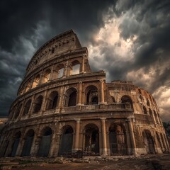 Naklejka premium Majestic ancient amphitheater under dramatic stormy skies, evoking history and power.