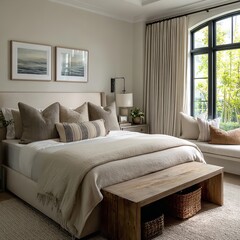Serene bedroom sanctuary with plush bedding and natural light streaming through a large window.