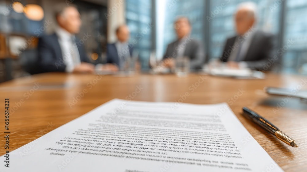 Poster medium shot of business team reviewing ai vendor sccs amendments one contract page in crisp focus co
