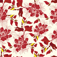 Elegant Chinoiserie-style seamless pattern with red peony flowers. This luxurious, hand-drawn botanical design features intricate line art, perfect for sophisticated wallpaper or high-end fabric © sameul
