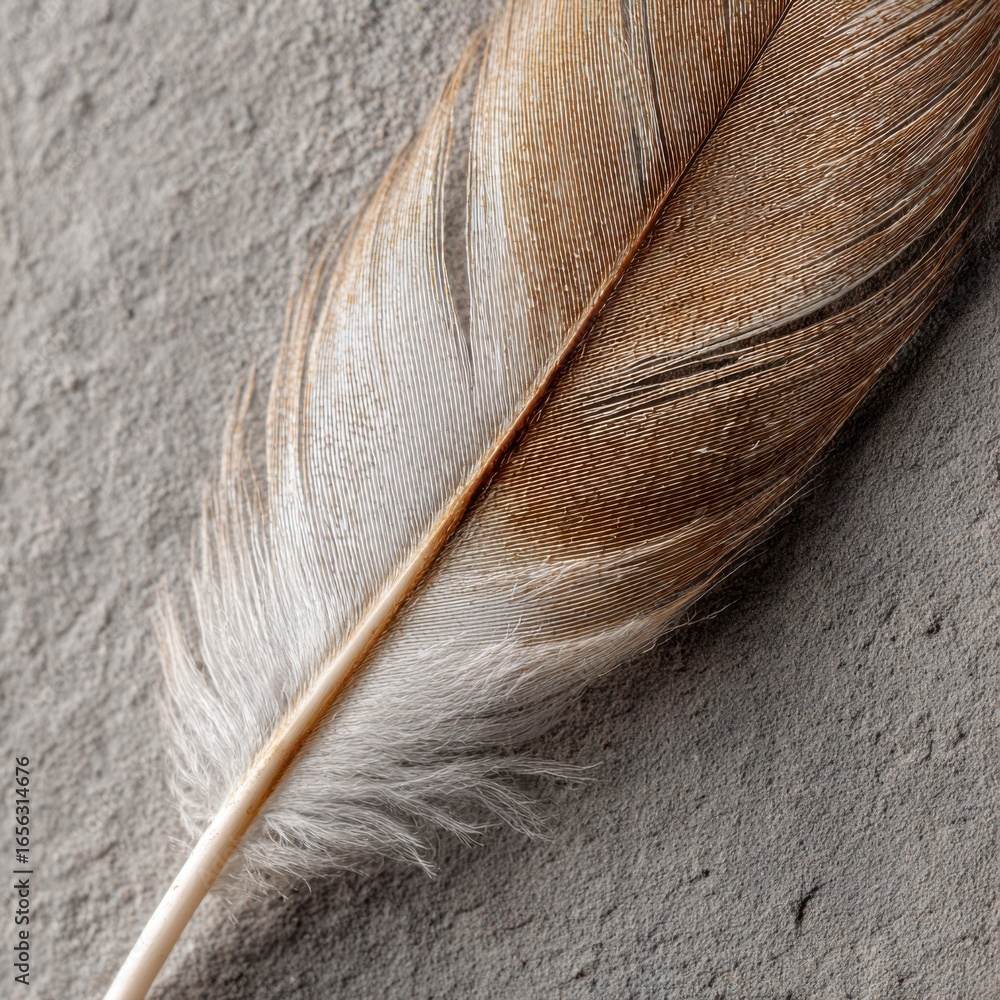 Poster detailed close-up of a natural feather with delicate textures and subtle color variations on gray ba