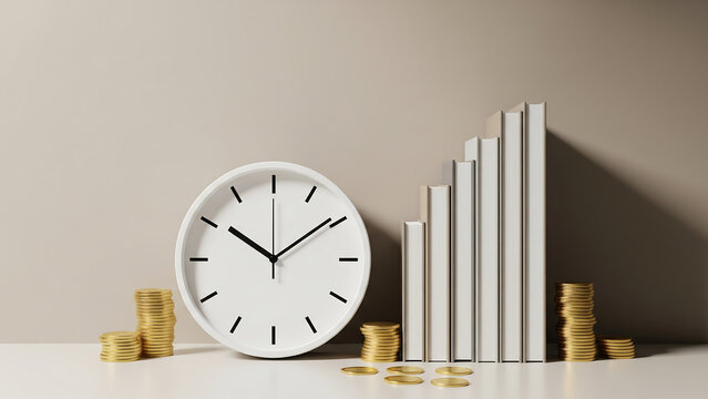 Clock and growing financial graph with coins - Powered by Adobe