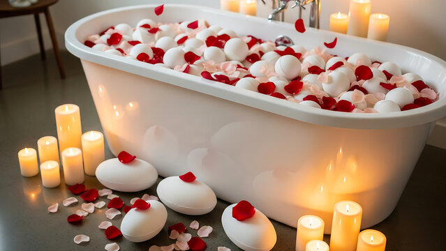 Romantic bubble bath with rose petals and candles