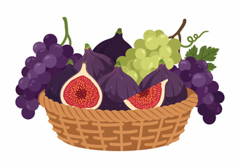 Flat vector basket full of fresh purple figs and green grapes