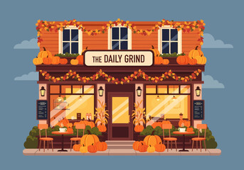 Obraz premium Flat vector illustration of a cozy autumn coffee shop exterior