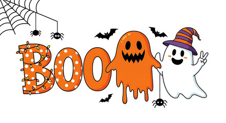 Fototapeta premium Halloween illustration with word BO made of lights and dripping orange ghost text lettering
