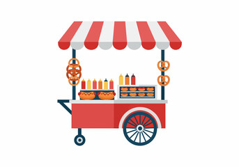 Flat vector hot dog cart with pretzels and condiments