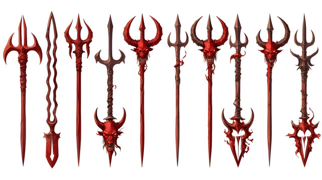 Fantasy demonic tridents and spears collection satanic weapons set red devil pitchforks gothic dark medieval weapon design 