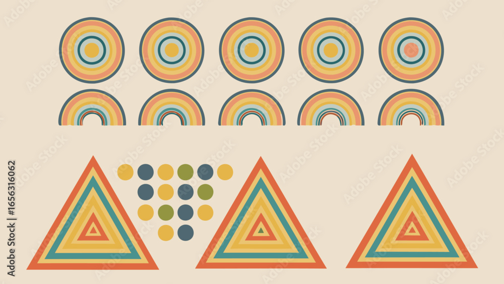 Poster retro geometric pattern featuring circles rainbows triangles and dots in a vintage color palette