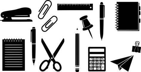 Collection of black office supplies and stationery icons
