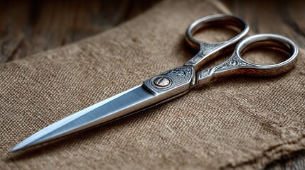 Elegant antique tailor scissors resting on natural textured linen fabric