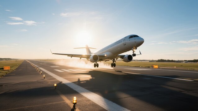 Commercial Jet Airplane Taking Off From Airport Runway at Sunset