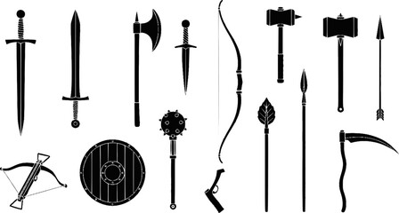 Collection of medieval weapon silhouettes for fantasy and gaming
