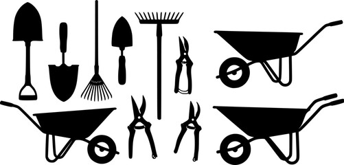 Collection of black silhouette garden tools and wheelbarrows
