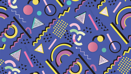 A vibrant retro pattern featuring circles triangles zigzags and dots on a blue background design style