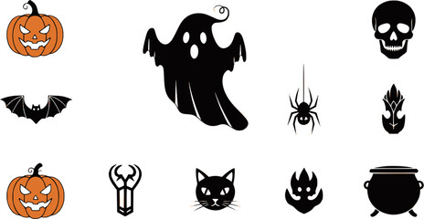Fototapeta premium Halloween icons silhouette collection featuring pumpkin ghost bat skull cats and witch hat 