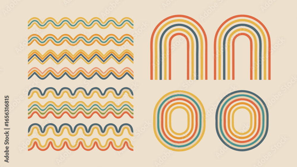 Poster retro inspired design featuring wavy lines arches and oval shapes in multiple colors and layers