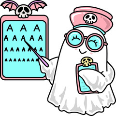 Halloween Kawaii Ghost Nurse with Eye Chart Cartoon