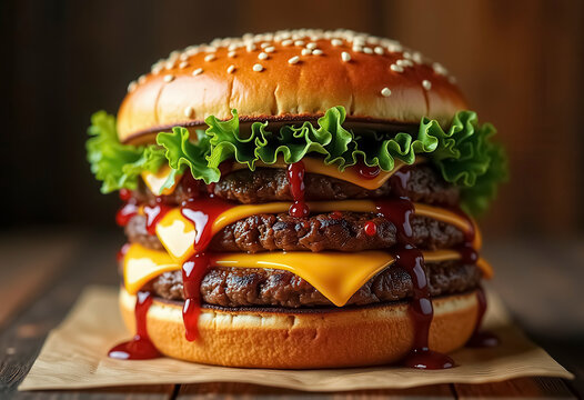 A multi-layered hamburger with juicy beef patties, melted cheese, fresh lettuce, and sauce dripping down the sides.