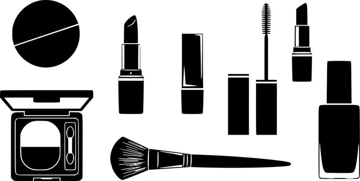 Collection of black silhouette makeup products on white background
