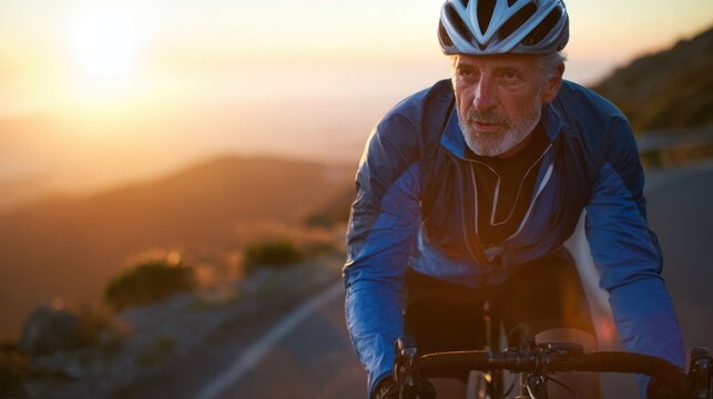 Middleaged man cycling on quiet road at sunrise cyclist sharply focused with soft focus on scenic morning landscape illustrating endurance and vitality in aging.