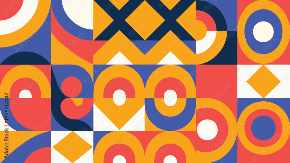 Poster geometric pattern featuring circles squares and triangles in a colorful arrangement of shapes and fo
