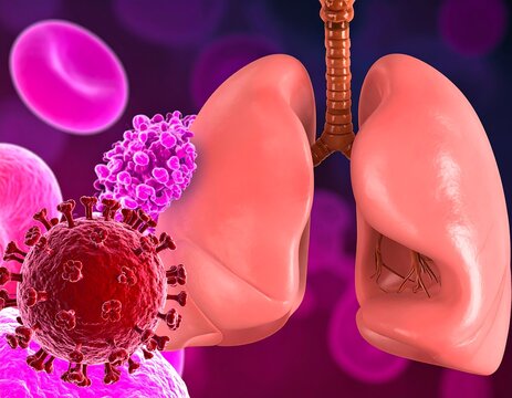 3D illustration of lungs, cells, and viruses