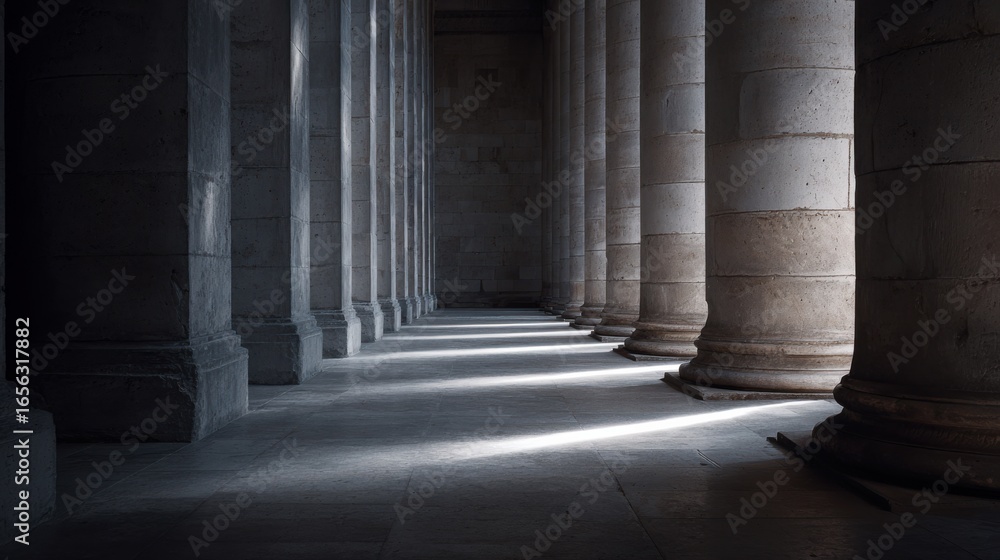 Poster dramatic interior view of ancient stone columns with soft light and shadows casting on concrete floo