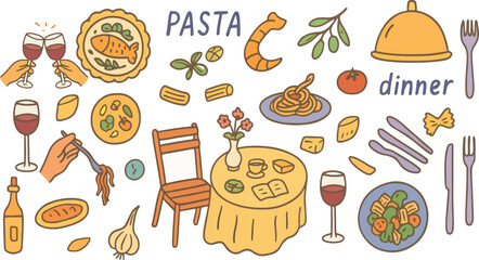 Whimsical hand drawn italian pasta and coastal mediterranean elements perfect for summer dinner parties weddings and greeting cards