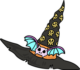 Halloween Witch Hat with Bat and Skulls Cartoon