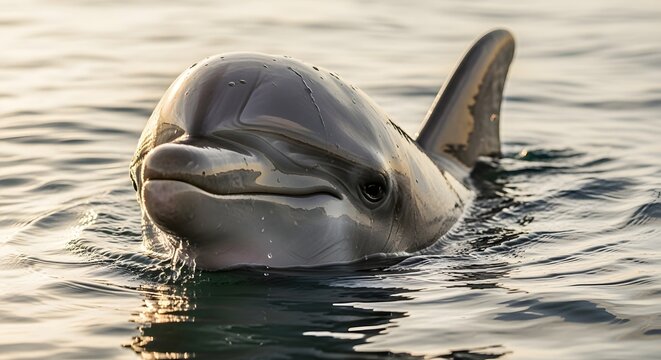 Close up of a dolphin emerging from the water with a serene expression and visible fin in the sea