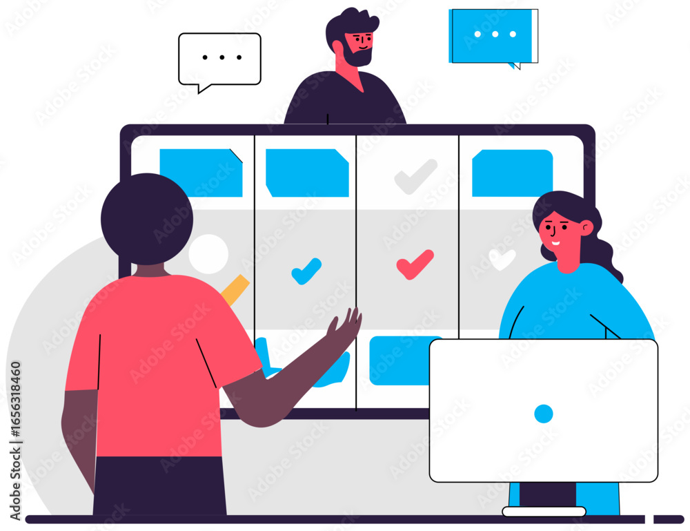 Poster minimal flat design of distributed team updating kanban board via shared app