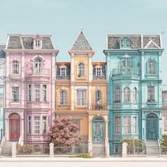 Fototapeta premium Charming row of colorful Victorian houses with ornate architectural details under a soft blue sky