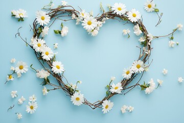Obraz premium Heart-shaped wreath of twigs and pastel flowers on light blue background, symmetrical floral frame with empty center space for text