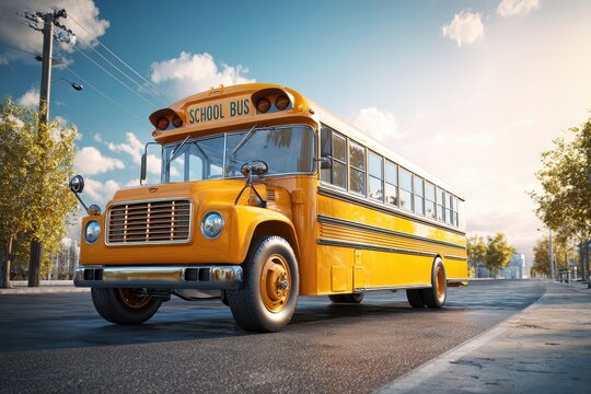 3D School Bus. Yellow Bus Parked, Back to School Concept on Sunny Day - Powered by Adobe