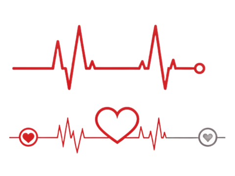 Red heartbeat tracing with heart symbol and circular pulse line