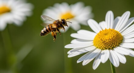Obraz premium Honey bee flying towards white daisy flower in garden pollen collection pollination nature insect summer 100