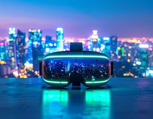 VR headset on a surface overlooking a city at night