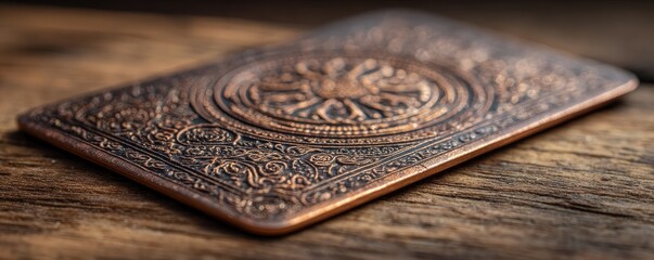 Obraz premium Ornate copper metal plate, detailed design, resting on wooden surface