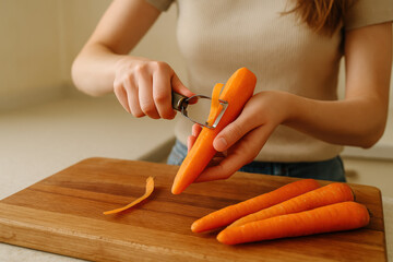 Woman peeling fresh carrots on a wooden cutting board in the kitchen preparing ingredients for a healthy homemade meal